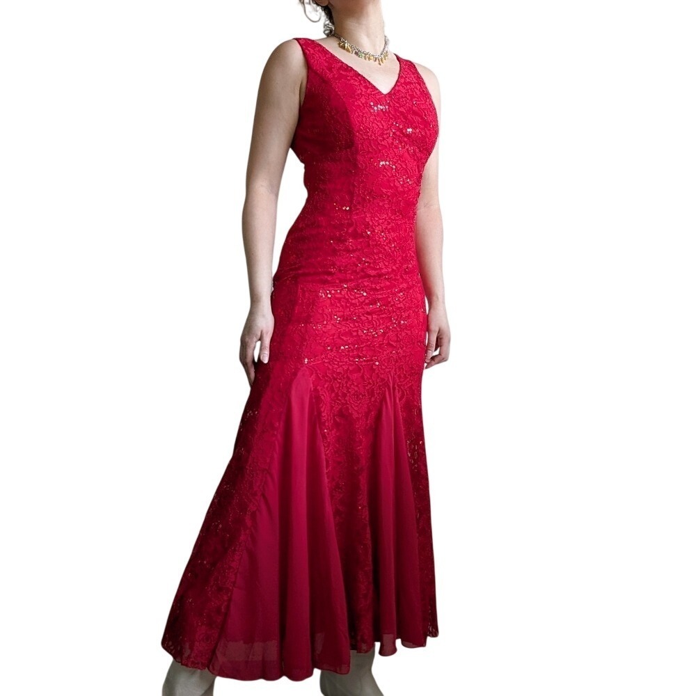 Vintage 90s Prom Gala Whimsigoth Embellished Sequins Red Lace Mermaid Maxi Dress